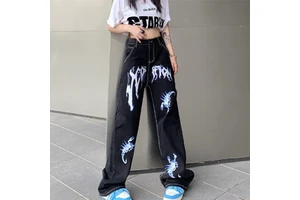 Top Selling Men's Vintage Black Washed Straight Long Jeans High Waist Light Wash Denim With Stacked Street Print