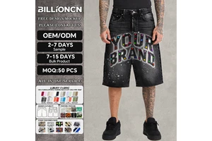 Men's Denim Shorts Customized Extra Large Vintage Black Mid Waisted Rhinestone-acid Washed Loose Fit Casual for Men