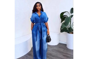 Sexy One Piece Turn Down Collar Full Sleeve Tight Waist Overalls Wide Leg Long Pants Rompers Autumn Women Denim Jumpsuits