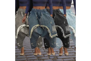 CN391378 Cross-Border Women's Vintage Personality Trendy Distressed Brushed Denim Jeans Fashion Regular Boot Cut Pants