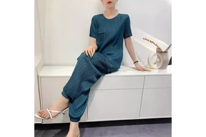 Printed Denim Striped Pleated Three-quarter Sleeve Full-Length Summer Women's Suit Top + Pants Comfortable Casual Niche Design