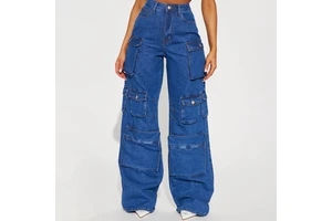Custom Women's High Street Mid Waist Regular Fit Solid Breathable 100% Cotton Denim Cargo Jeans with Pocket