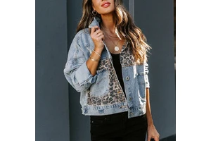 Spring and Autumn Denim Jacket Women's Long Sleeve Denim Jacket Women's Leopard Print Patchwork Denim Jacket and Coat