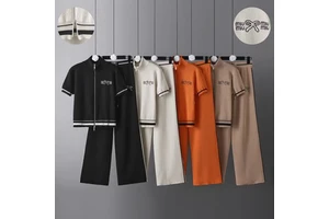 Cross-Border Minimalist Knitted Set Women's Summer New Short-Sleeve Top Wide-Leg Pants Loose Letter Slimming Figure-Hiding