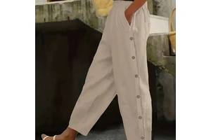 Plus Size Solid Color Breathable Quick Dry Ankle-Length Straight Casual Button Decor Pants Pockets Women's Elastic Waist 100%