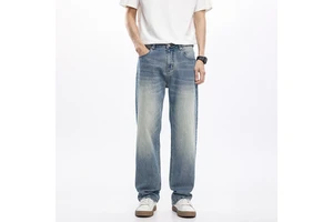 Men's American Style Casual Stretch Jeans for Men Simple Plus Size Mid-Waist Straight Loose Wide-Leg Washed Baggy Jeans Men