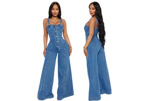 New Fall Casual Stretch Wide Leg Denim Jumpsuit Denim Overalls Women Denim Jeans