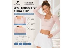 FITVOLT Seamless Net Fabric Faux Two-Piece Yoga Top with Built-in Cups Front Logo Women's Sports Top Pilates Fitness Training