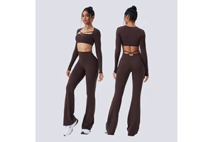 Women Color Block Brushed Yoga Set Hollow Out Slim Long Sleeve Yoga Outfit High Waist Flare Pants Running Fitness Workout Suit