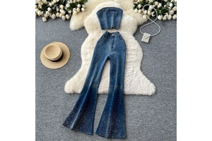 Sequined Ladies' Denim Suit Sleeveless Racerback Top & High-Waisted Flared Pants Fashionable Women's Denim Sets