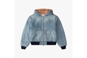 Oversized Acid Wash Denim Hoodie Men Plaid Flannel Lined Double Zip Up Heavyweight Boxy Fit Vintage Workwear Jacket Bulk