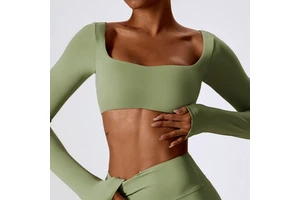 SHINBENE High Elastic Fitness Crop Top Women Long Sleeve Square Neck Top Padded Workout Yoga Tight Tops
