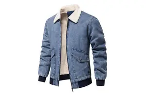 OEM Service Stylish Men's Blue Jeans Jacket Coat With Fur Zipper up Elastic Cuff Cotton Made Streetwear