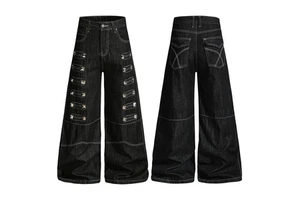 Wide-leg Dark Denim Men's Jeans Heavy Metal Wicker Decorative Design Personalized Niche Hip-hop Trendy Floor-length