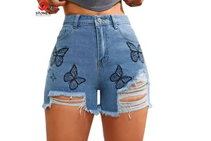 High Quality Women Casual Blue Denim Shorts High Waist Distressed Jean Shorts Fashion Street Style Summer Apparel OEM