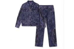Wangsheng Men's Vintage England Style Two-Piece Set Breathable Cotton Spandex Blend Washed Distressed Denim Jacket Jeans Button