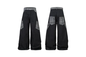 High Quality Gray Patchwork Design Loose Fit Wide Leg Pants Fashion Streetwear Casual Trousers Men's Black Denim Jeans