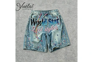 Manufacturer Customized Distressed Embroidery Crystal Rhinestone Decoration Jorts Street Style Hip Hop Men's Denim Shorts