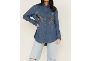 Women's Retro Western Style Denim Shirt Cowboy Horse Embroidery Loose Fit Casual Long Sleeve Blouse