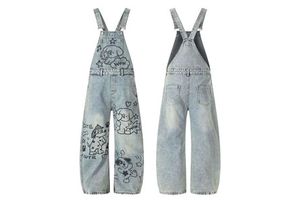Womens Denim Overalls Jumpsuits Cute Cartoon Dog Print Selvedge Denim OverallsLight Wash Y2K Streetwear Jeans Coveralls