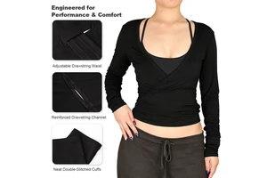 Women Long Sleeve Wrap Yoga Top Deep V Neck Tie Waist Cropped Workout Breathable Quick Dry Spandex/Nylon Soft Stretchy Moonwell