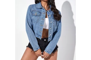 Wholesale Women's Light Blue Washed Cropped Denim Jacket Casual Short Jean Coat with Long Sleeve Fashion Spring Summer Outerwear