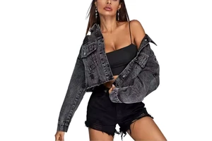 Custom Wholesale Loose Cropped Jeans Denim Long Sleeve With Raw Frayed Short Women's Denim Jacket for Ladies
