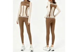 CustomLogo Front Solid Naked Feeling Yoga Set 2 Piece Women Color Block Zipper Top Mid Waist Leggings Gym Fitness Workout