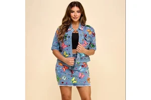 Women's Cute Embellished Denim Summer Suit Skinny Short Jacket & Skirt with Butterfly Decal for Music Festival Vacation Travel