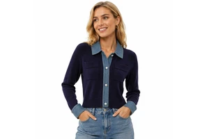 High Quality Custom Cotton/Acrylic denim Patchwork Casual Women's Cardigan Button Autumn Winter OEM ODM Manufacturers Factory