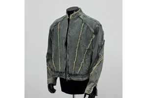 New Arrival Autumn Vintage Washed Frayed Stand Collar Crop Men's Denim Jacket