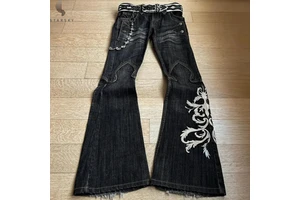 Women's Fashion Hot Girl Embroidered Denim Mid Straight Y2K Washed Bell Bottom Jeans for Women Vintage Style