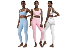 Women Striped Color Contrast Yoga Set High Waist Leggings 4-Way Stretch Breathable Sports Suit Wholesale
