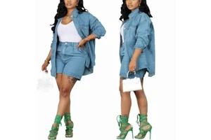 Cross Border European and American Autumn Women's Denim Suit Jacket Jacket Denim Shorts Two-piece Set