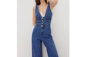 Women's Blue Denim Backless Wide Leg Jumpsuit, Deep V Neck Button Front Sleeveless Casual Streetwear Overalls