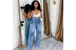 IHOOV Loose Denim Multiple Pockets zipper Closure cargo pants women jeans Women's Jumpsuits