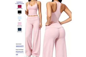 Comfortable Women Halter Solid Crop Tank Top High Waist Wide Leg Pants Set Breathable Moisture Wicking Front Logo Low MOQ