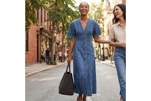Women Medium Wash Vertical Seam Denim Maxi Flare A-Line V Neck Short Sleeve Full Gold Button Front Casual Jean Summer Custom