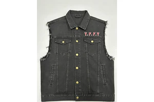 Custom Heavy Distressed Sleeveless Bomber Jacket Trucker Vest With Embroidered Detail Loose Fit Men's Denim Jackets