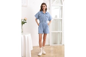 Women Light Wash Short Sleeve Turn-down Collar Belted Denim Romper Chest Pockets Elastic Back Waist Short Jumpsuit Custom ODM