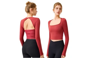 Breathable Pleated Mesh Backless Long Sleeves Sports Crop Top Square Neck Workout Shirts Shockproof Fitness Yoga Top Women