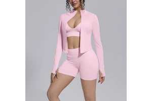Women Full-Zip 3 Pieces Sportswear Workout Suit Jacket & Sport Bra & Shorts Active Wear Gym Fitness Seamless Yoga Set