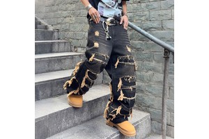New Style Men's Denim Wide Leg Jeans Pants Fashion Explosion Stretch Patch Men's Jeans