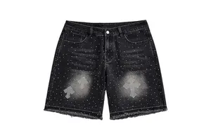: Premium Quality Men Denim Shorts 100% Cotton Breathable Casual Slim Fit Denim Rhinestone Shorts Stylish Summer Streetwear Logo