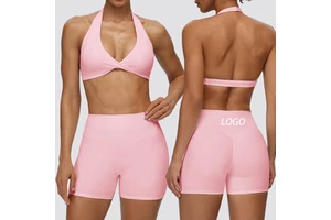Women's 2-Piece Yoga Outfit Twist-Front Halter Sports Bra & High Waist Biker Shorts Set Roupa De Academia
