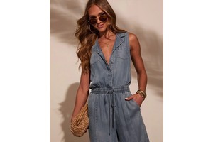 Women's Summer Sleeveless Drawstring Button Washed Thin Denim Jumpsuit Casual Fashionable Street Style Denim Jumpsuit