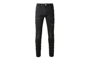 High Quality Designer Men's Slim Fit Scratched Destroyed Jeans Black Patch Homme Denim Trousers Wholesale Hip Hop Vintage Style