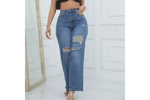 Women's Draping Straight Leg Mid Waist Stretch Hole Denim Trousers Button Pocket Jeans Femininos