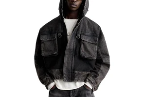 Custom Logo High Quality Casual Patch Pocket Spliced Hooded Embroidery Print Button Vintage Washing Denim Jacket Coat Men