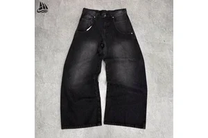Washed Wide Leg Curved Denim Jeans Baggy Men Women Balloon Fit Contrast Stitching Pleated Trousers Fashion Classic Simple